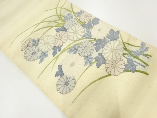 アンティーク　手織り紬すくい織菊模様織出し袋帯（材料）